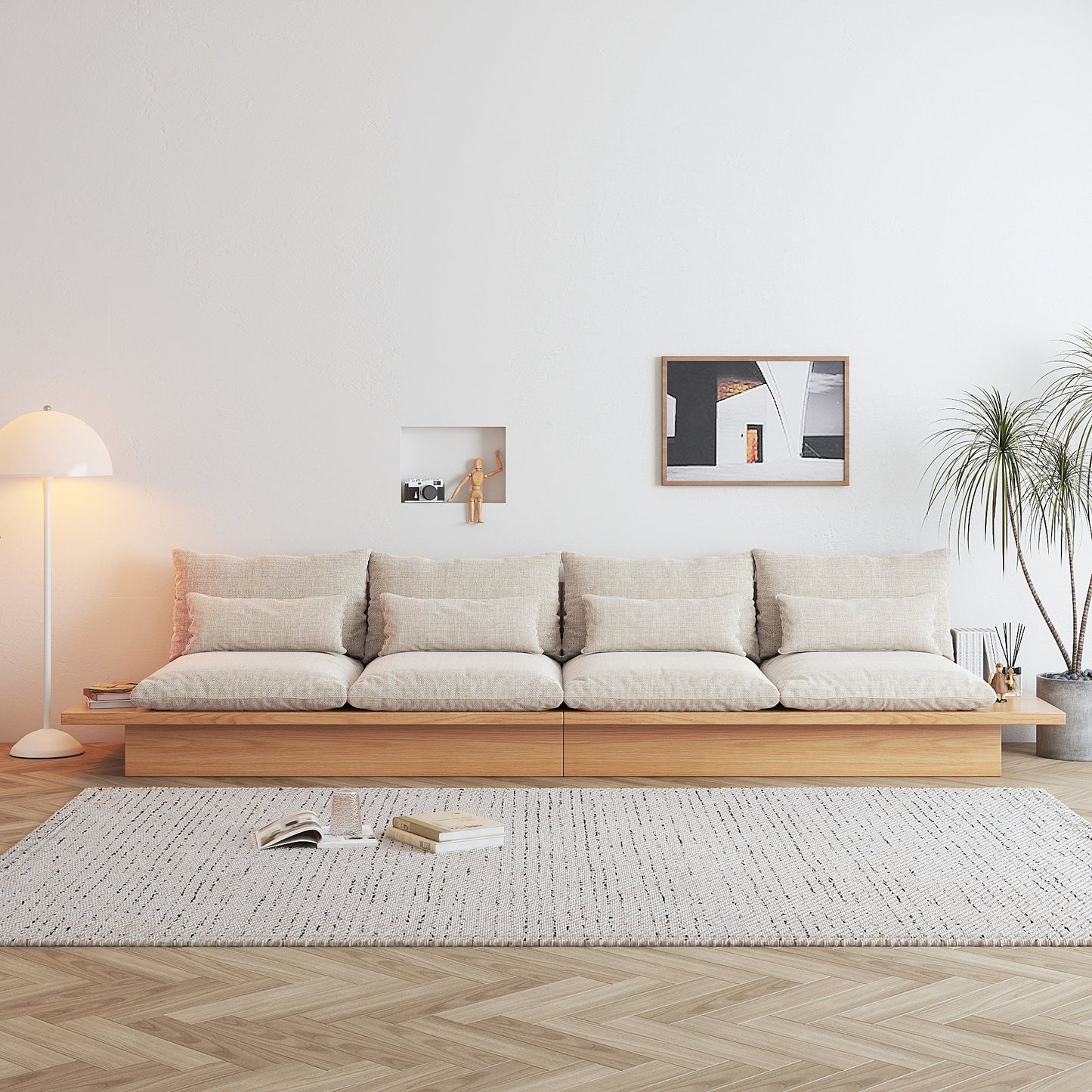 Canapé JASIWAY en coton beige avec cadre en bois