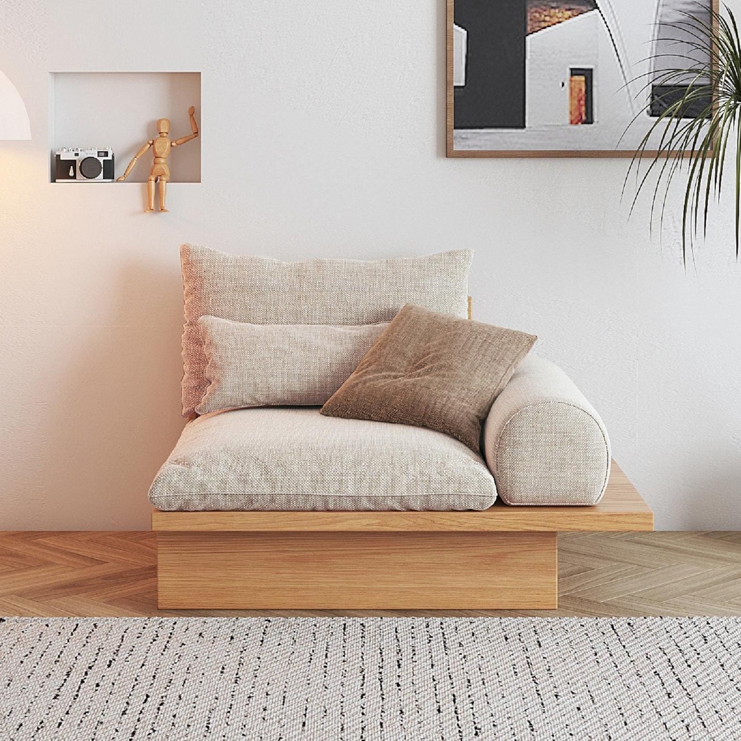 Canapé JASIWAY en coton beige avec cadre en bois