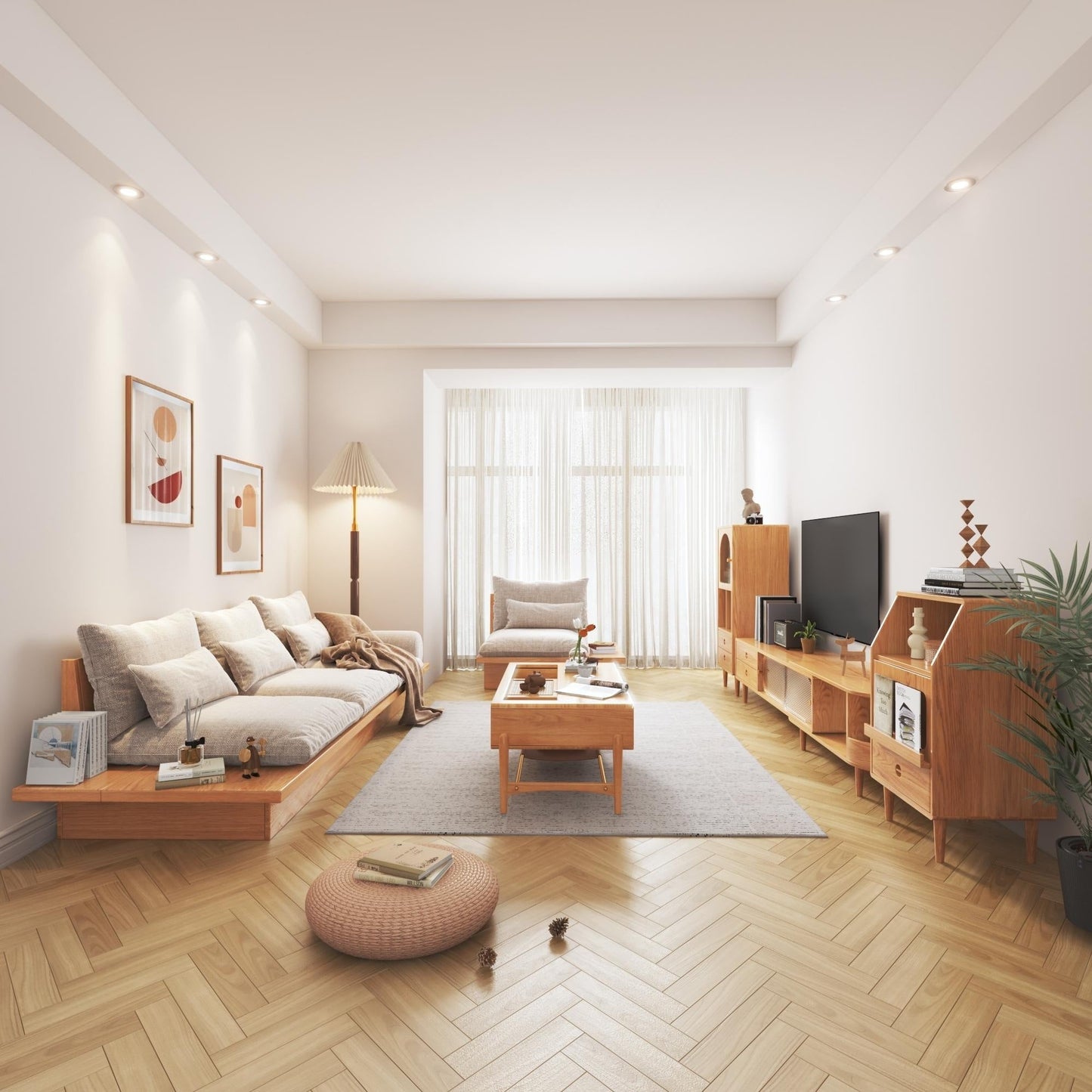 Canapé JASIWAY en coton beige avec cadre en bois