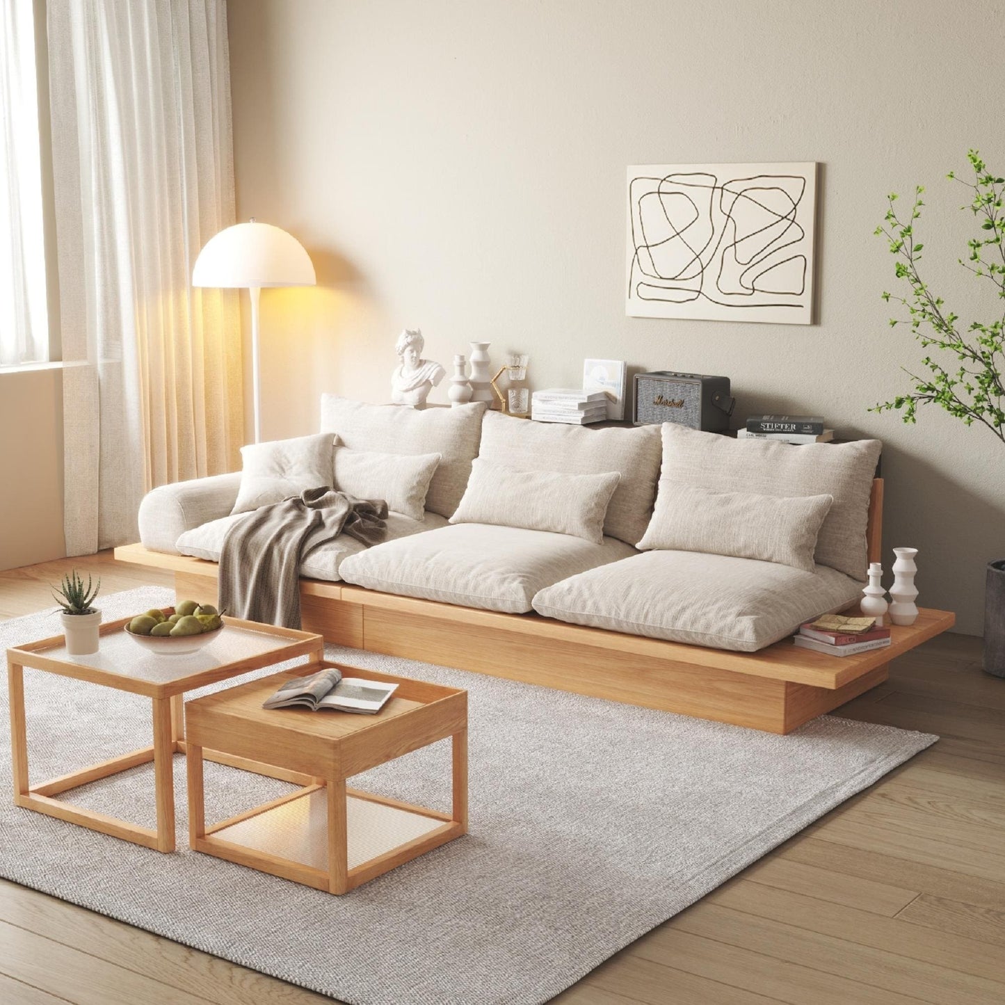 Canapé JASIWAY en coton beige avec cadre en bois