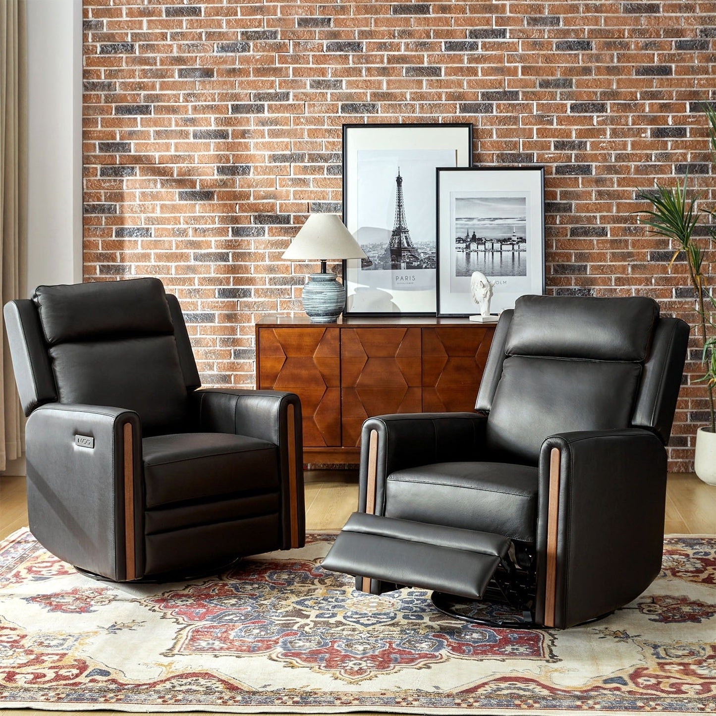 Fauteuil inclinable pivotant et à bascule électrique Jaime Modern en cuir véritable avec appui-tête et repose-pieds réglables, lot de 2 par HULALA HOME