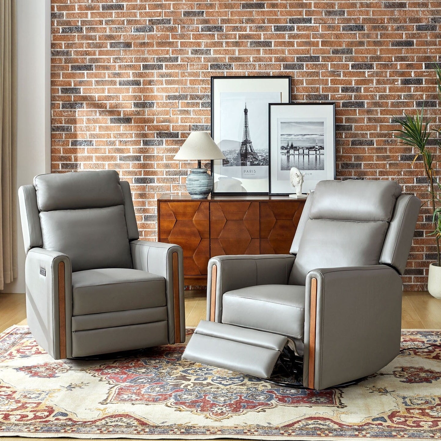 Fauteuil inclinable pivotant et à bascule électrique Jaime Modern en cuir véritable avec appui-tête et repose-pieds réglables, lot de 2 par HULALA HOME
