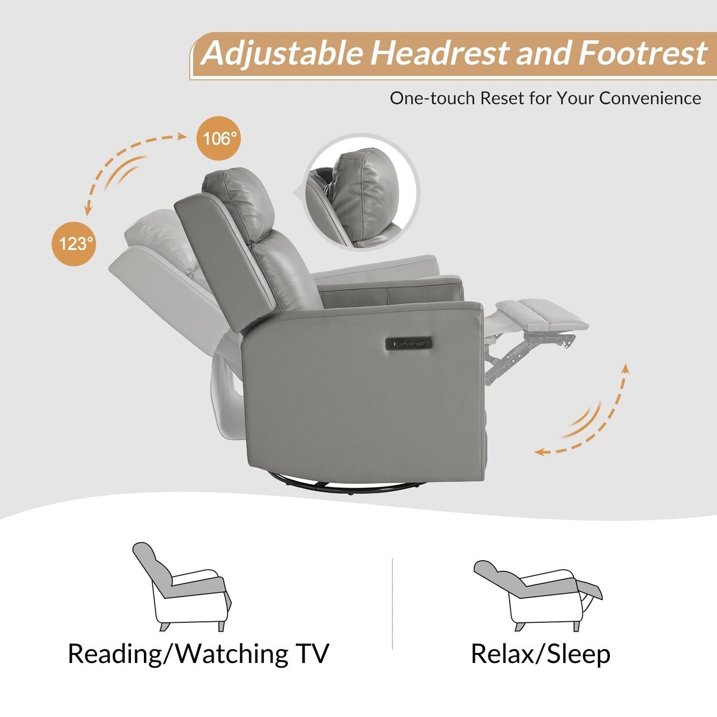 Fauteuil inclinable pivotant et à bascule électrique Jaime Modern en cuir véritable avec appui-tête et repose-pieds réglables, lot de 2 par HULALA HOME