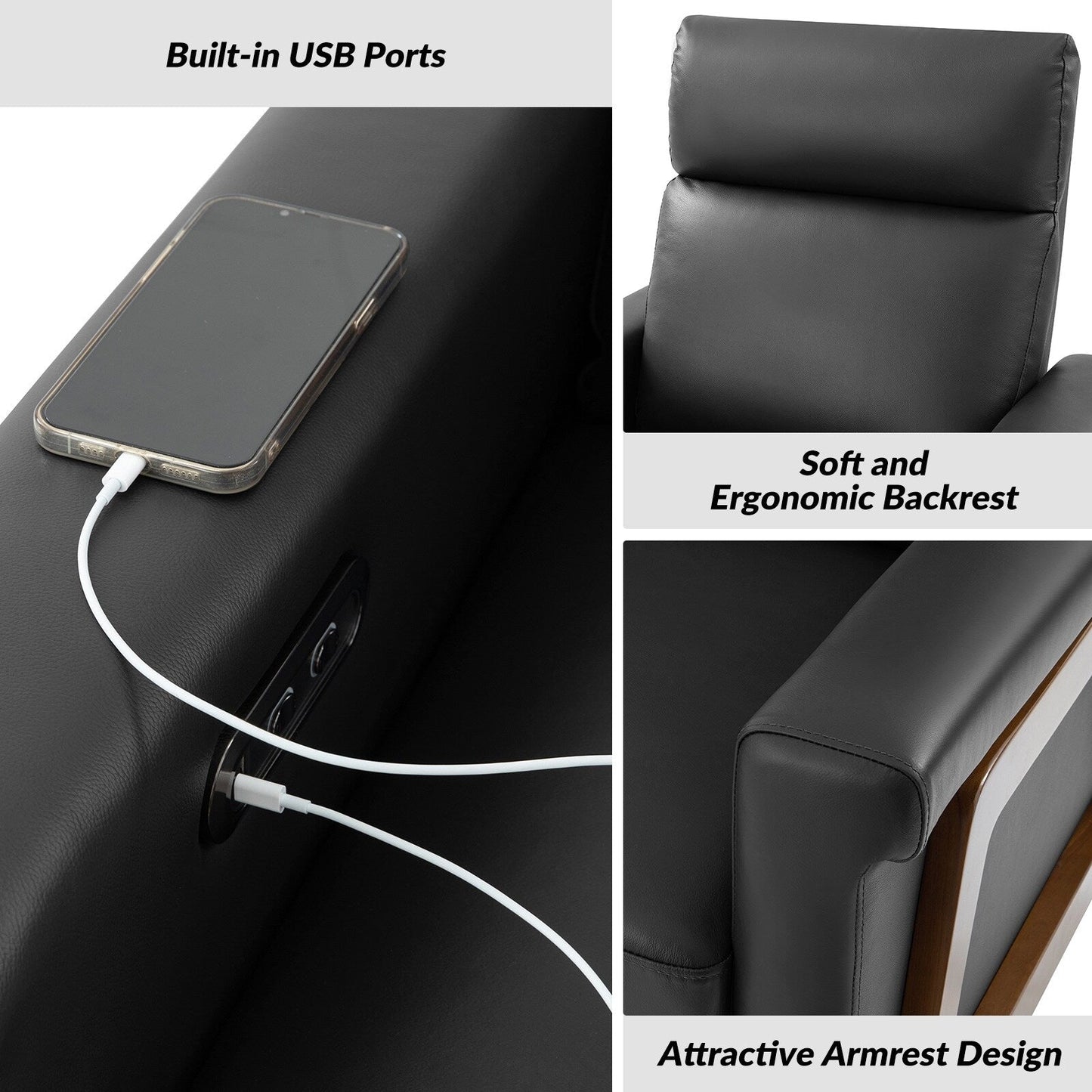 Fauteuil inclinable électrique moderne en cuir véritable Jaime avec ports USB intégrés, lot de 2 par HULALA HOME