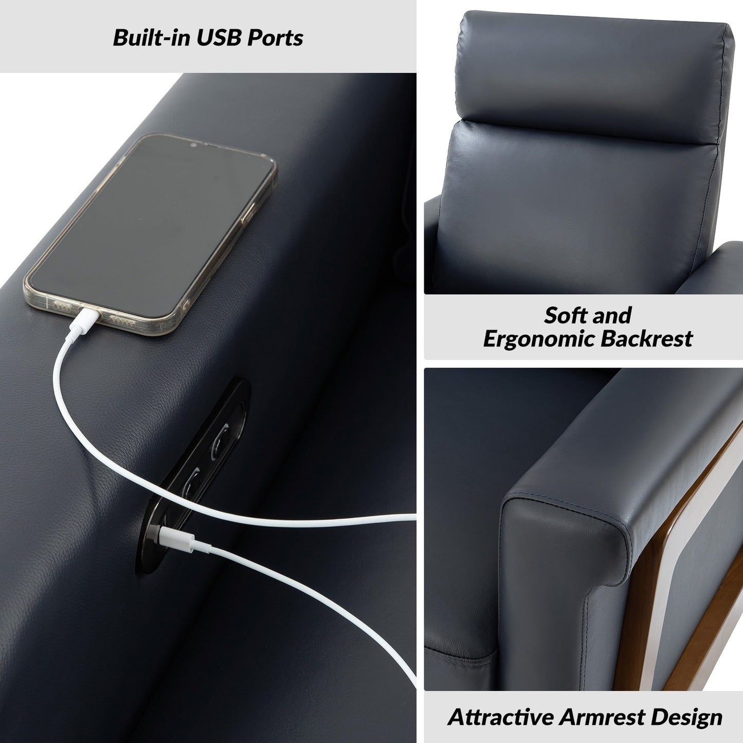 Fauteuil inclinable électrique moderne en cuir véritable Jaime avec ports USB intégrés, lot de 2 par HULALA HOME