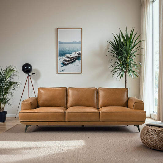 Canapé Addison Top en cuir véritable, style milieu de siècle moderne