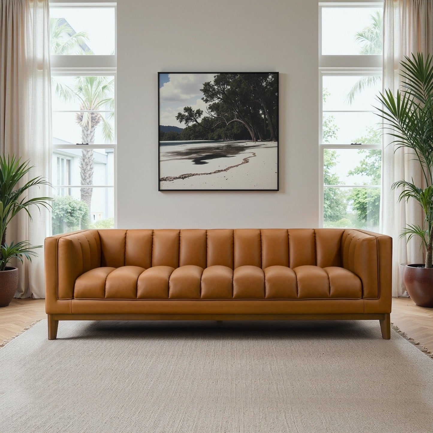 Canapé Jasmine en cuir capitonné de style moderne du milieu du siècle