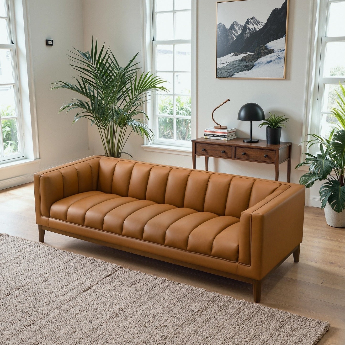 Canapé Jasmine en cuir capitonné de style moderne du milieu du siècle