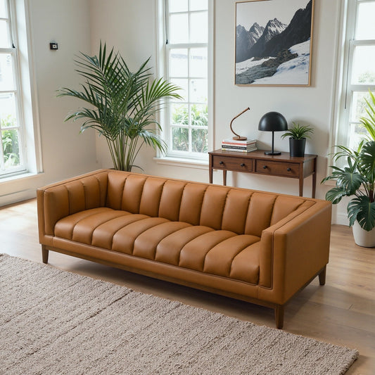 Canapé Jasmine en cuir capitonné de style moderne du milieu du siècle