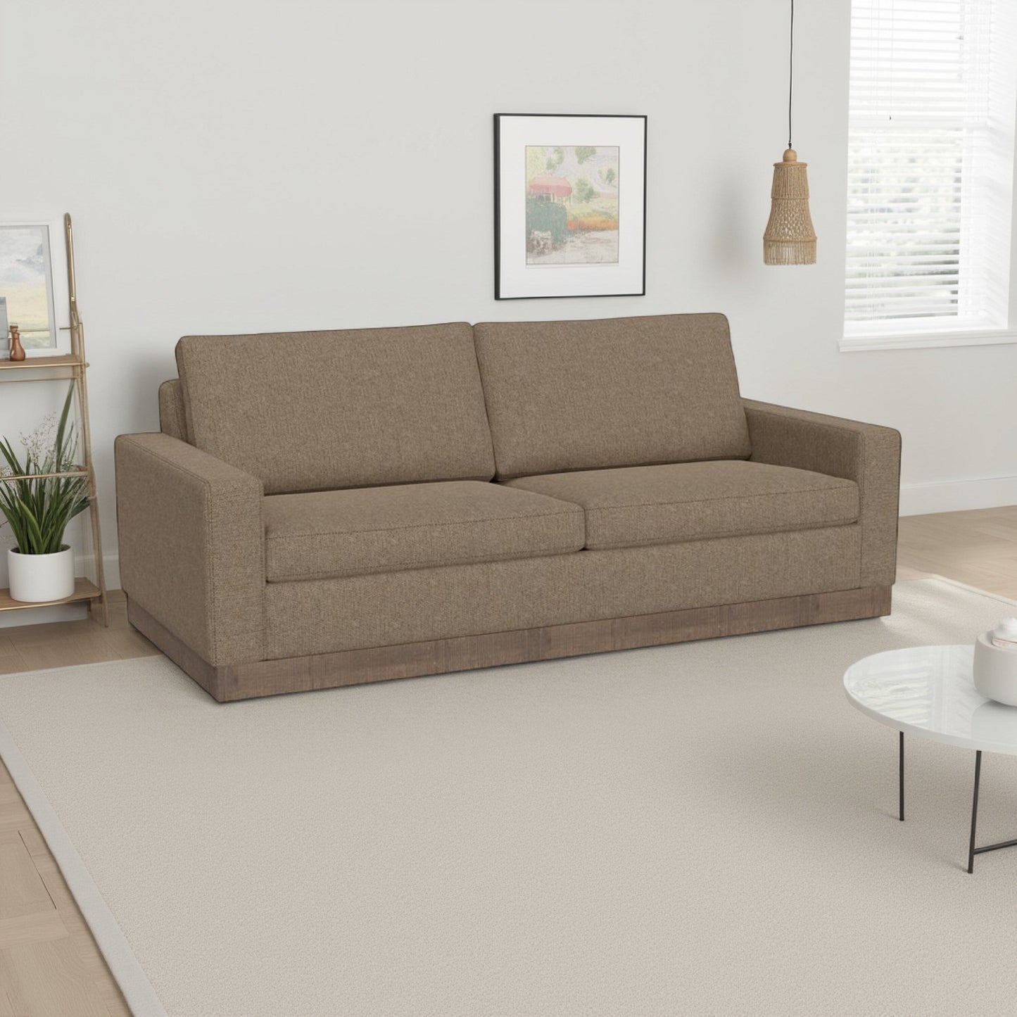 Canapé Jeni, 2 coussins décoratifs, assise moderne en polyester marron camel 90 pouces