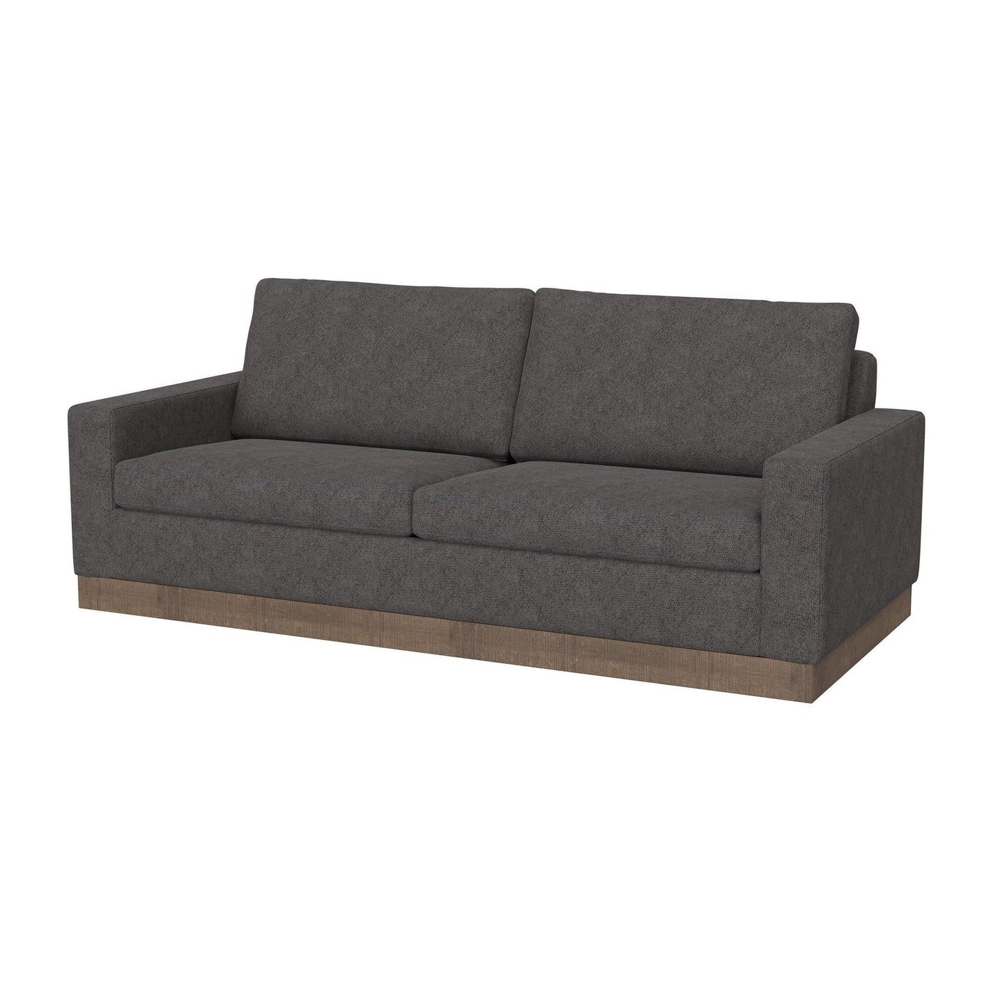 Canapé Jeni, 2 coussins décoratifs, assise moderne en polyester gris foncé de 228 cm