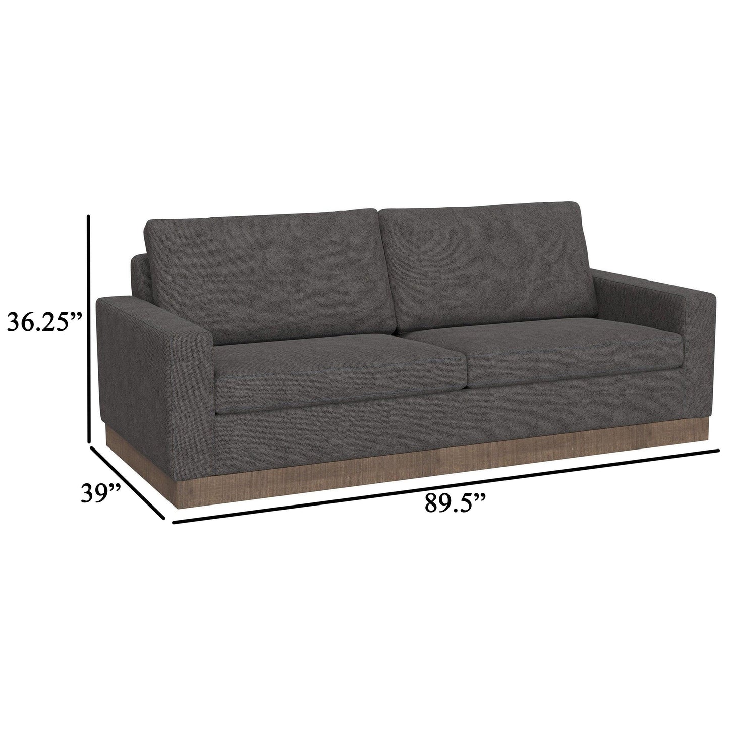 Canapé Jeni, 2 coussins décoratifs, assise moderne en polyester gris foncé de 228 cm