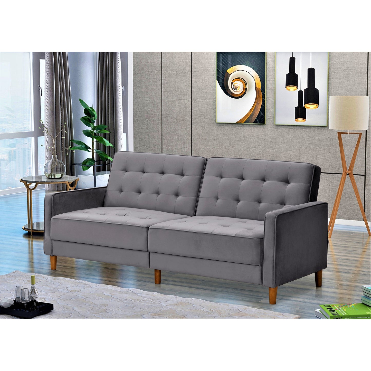 Canapé-lit en velours capitonné Jonathan