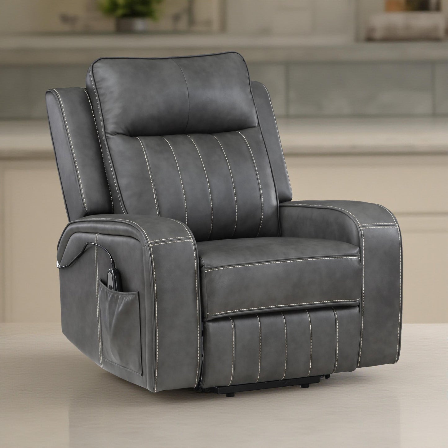 Fauteuil inclinable électrique Josen, 91 cm, similicuir gris, accoudoirs droits