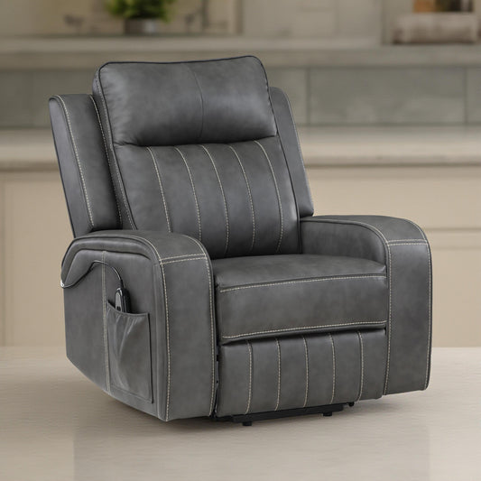 Fauteuil inclinable électrique Josen, 91 cm, similicuir gris, accoudoirs droits