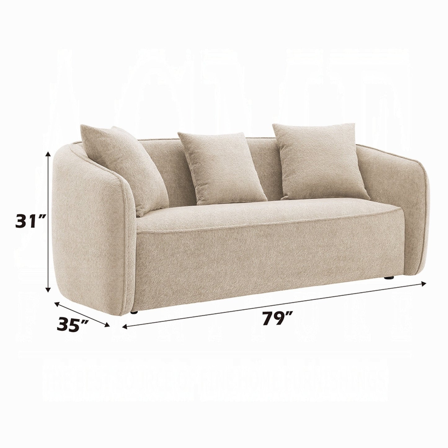 Canapé Keina, 3 coussins décoratifs, dossier arrondi, chenille beige, 79 pouces