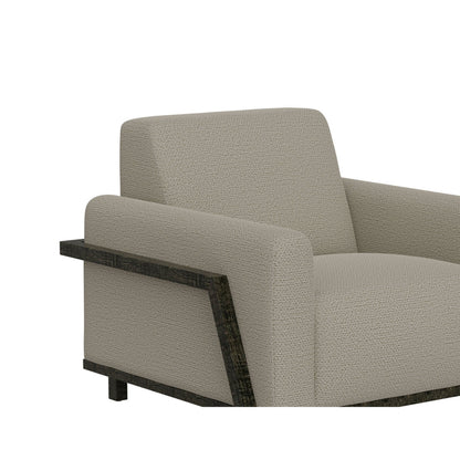 Canapé Kelly, polyester gris amande, 2 coussins décoratifs, bois massif, 230 cm