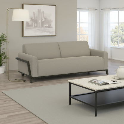 Canapé Kelly, polyester gris amande, 2 coussins décoratifs, bois massif, 230 cm