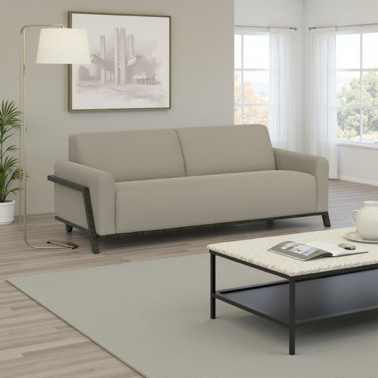 Canapé Kelly, polyester gris amande, 2 coussins décoratifs, bois massif, 230 cm