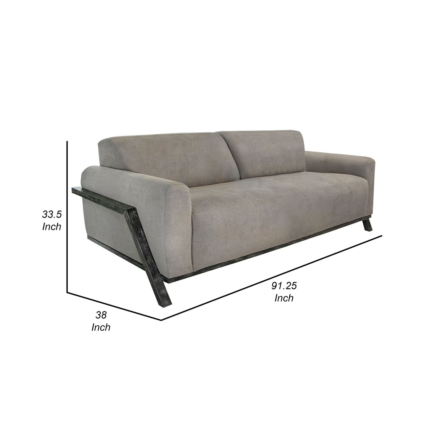 Canapé Kelly, polyester gris amande, 2 coussins décoratifs, bois massif, 230 cm