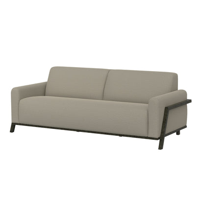 Canapé Kelly, polyester gris amande, 2 coussins décoratifs, bois massif, 230 cm