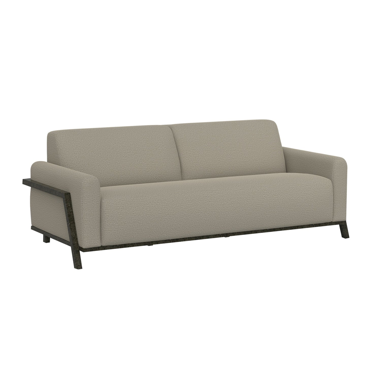 Canapé Kelly, polyester gris amande, 2 coussins décoratifs, bois massif, 230 cm