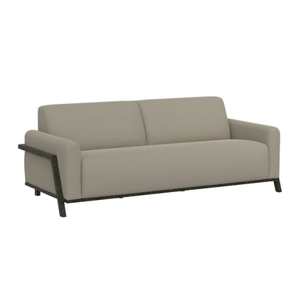 Canapé Kelly, polyester gris amande, 2 coussins décoratifs, bois massif, 230 cm