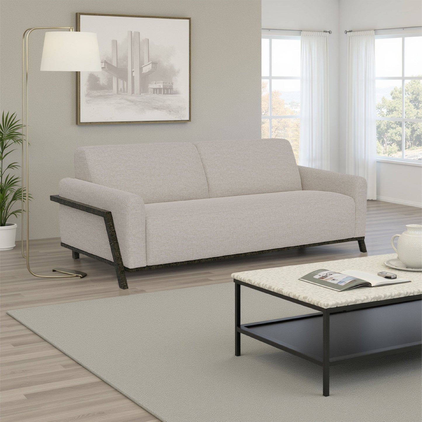Canapé Kelly, polyester beige, 2 coussins décoratifs, pin massif, 230 cm