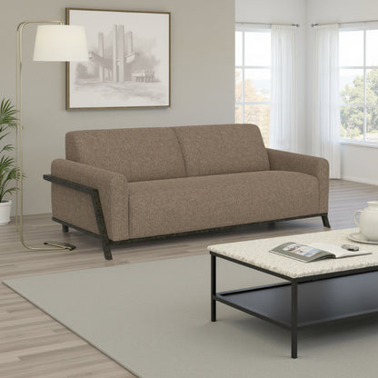 Canapé Kelly, polyester marron clair, 2 coussins décoratifs, bois massif, 230 cm