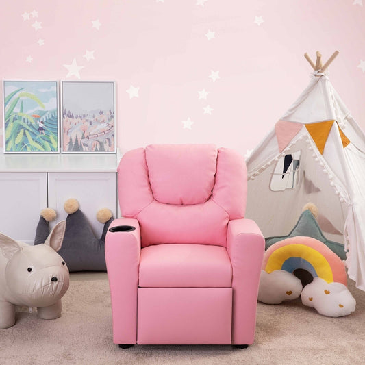 Fauteuil inclinable en PVC pour enfants avec fonction d'inclinaison par poussée, porte-gobelet et repose-pieds confortable