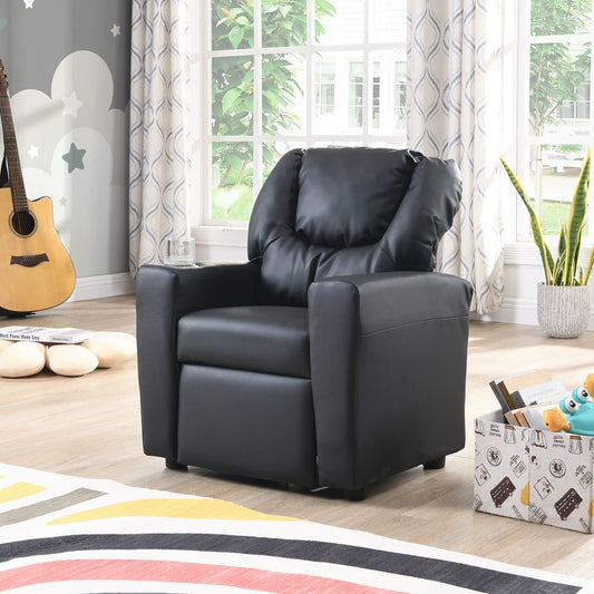 Fauteuil inclinable pour enfant en PVC noir, durable, avec porte-gobelet, design ergonomique, assemblage facile, capacité de 68 kg.