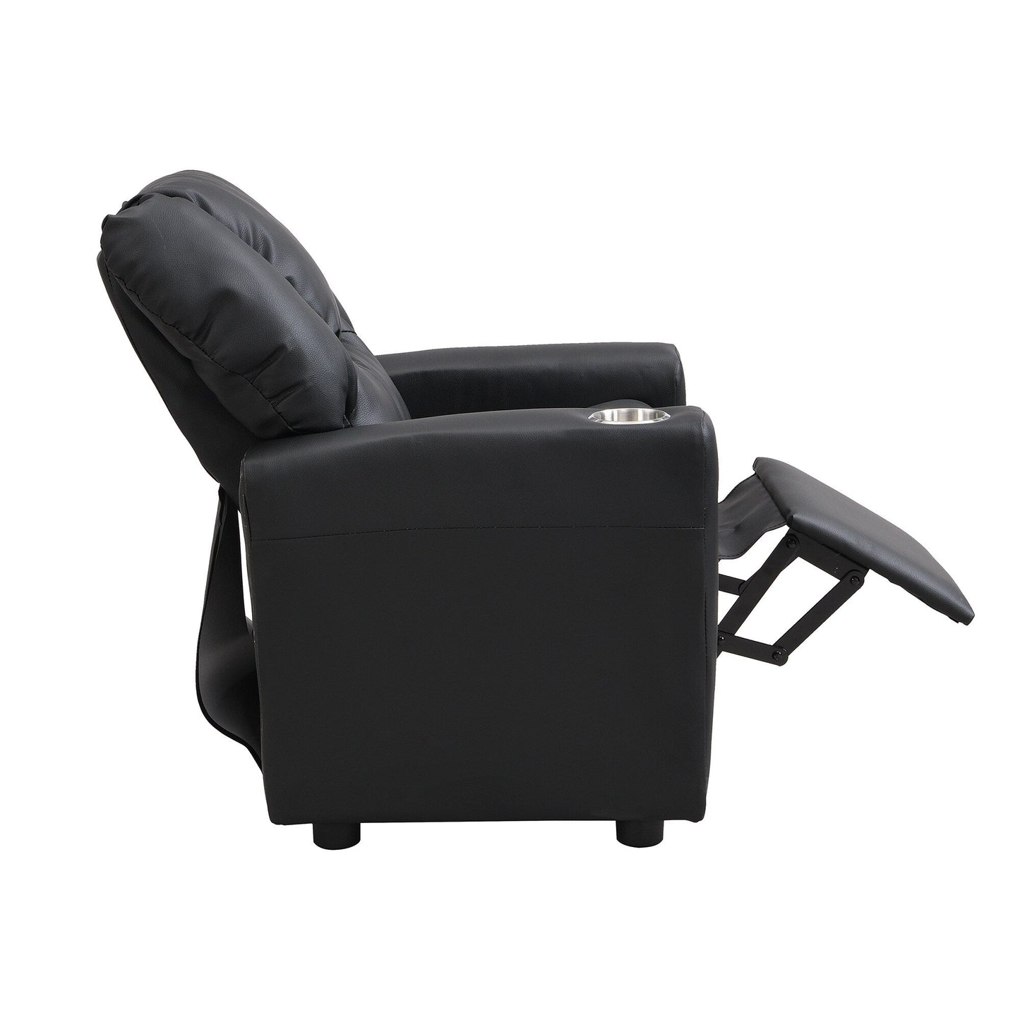 Fauteuil inclinable pour enfant en PVC noir, durable, avec porte-gobelet, design ergonomique, assemblage facile, capacité de 68 kg.