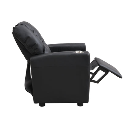 Fauteuil inclinable pour enfant en PVC noir, durable, avec porte-gobelet, design ergonomique, assemblage facile, capacité de 68 kg.