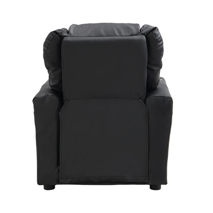 Fauteuil inclinable pour enfant en PVC noir, durable, avec porte-gobelet, design ergonomique, assemblage facile, capacité de 68 kg.