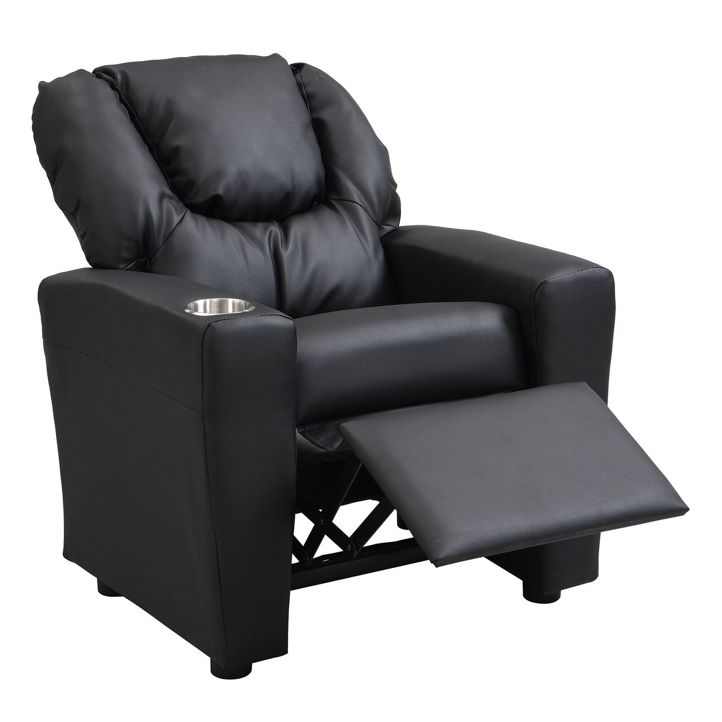 Fauteuil inclinable pour enfant en PVC noir, durable, avec porte-gobelet, design ergonomique, assemblage facile, capacité de 68 kg.