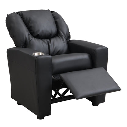 Fauteuil inclinable pour enfant en PVC noir, durable, avec porte-gobelet, design ergonomique, assemblage facile, capacité de 68 kg.