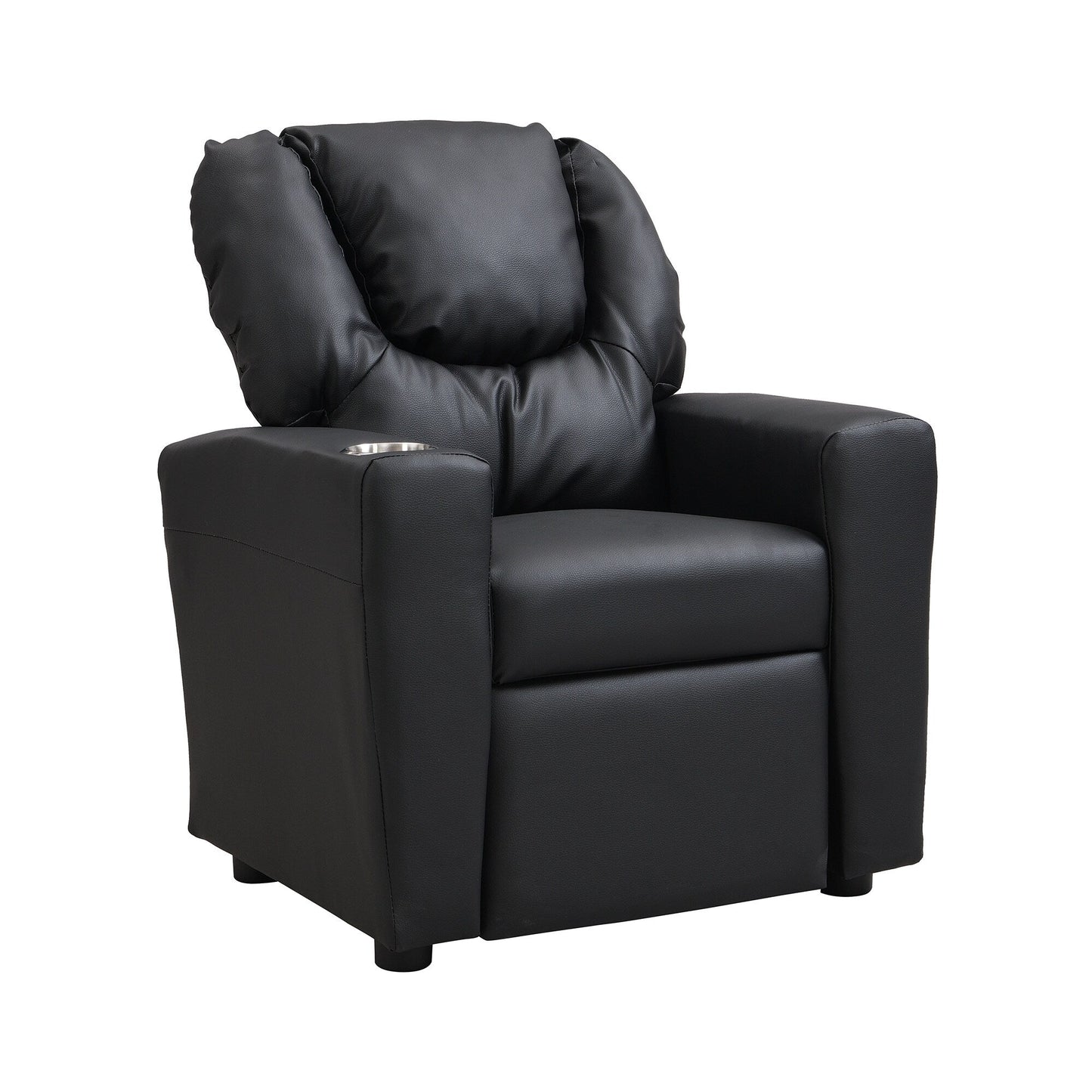 Fauteuil inclinable pour enfant en PVC noir, durable, avec porte-gobelet, design ergonomique, assemblage facile, capacité de 68 kg.