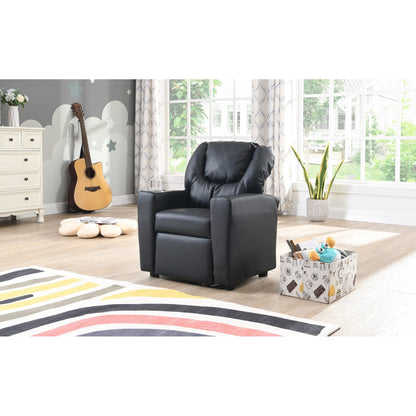Fauteuil inclinable pour enfant en PVC noir, durable, avec porte-gobelet, design ergonomique, assemblage facile, capacité de 68 kg.