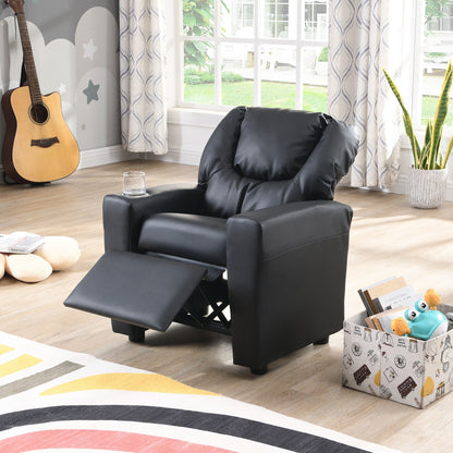 Fauteuil inclinable pour enfant en PVC noir, durable, avec porte-gobelet, design ergonomique, assemblage facile, capacité de 68 kg.