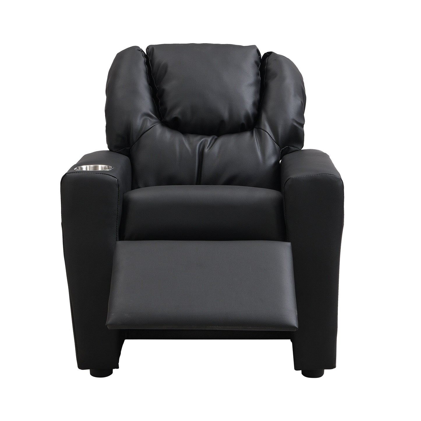 Fauteuil inclinable pour enfant en PVC noir, durable, avec porte-gobelet, design ergonomique, assemblage facile, capacité de 68 kg.