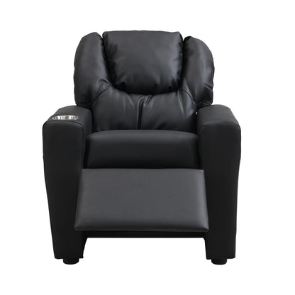 Fauteuil inclinable pour enfant en PVC noir, durable, avec porte-gobelet, design ergonomique, assemblage facile, capacité de 68 kg.