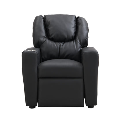 Fauteuil inclinable pour enfant en PVC noir, durable, avec porte-gobelet, design ergonomique, assemblage facile, capacité de 68 kg.
