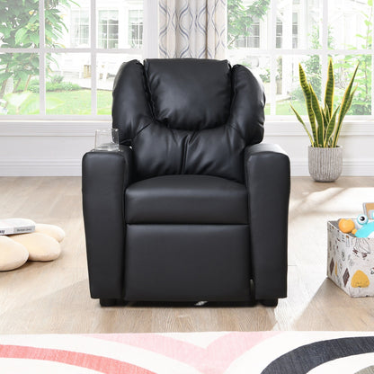 Fauteuil inclinable pour enfant en PVC noir, durable, avec porte-gobelet, design ergonomique, assemblage facile, capacité de 68 kg.