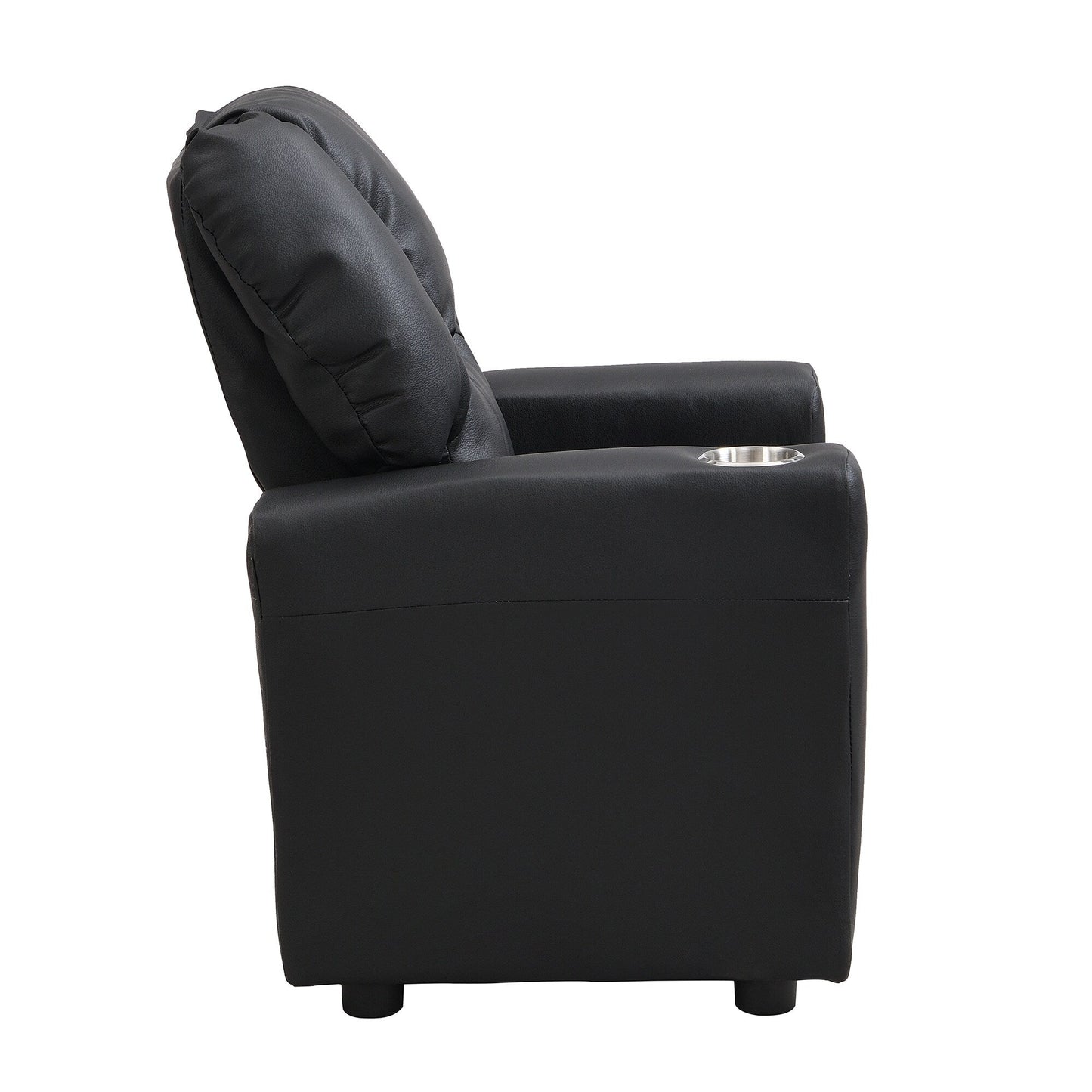 Fauteuil inclinable pour enfant en PVC noir, durable, avec porte-gobelet, design ergonomique, assemblage facile, capacité de 68 kg.