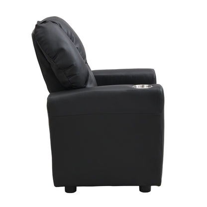 Fauteuil inclinable pour enfant en PVC noir, durable, avec porte-gobelet, design ergonomique, assemblage facile, capacité de 68 kg.