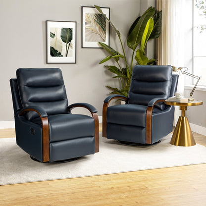 Fauteuil inclinable pivotant à bascule manuel en cuir véritable Leopold avec accoudoirs en bois, lot de 2 par HULALA HOME