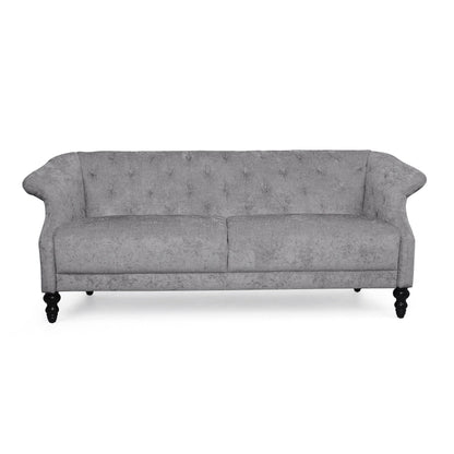 Canapé Kyle, 75 pouces, pieds en bois tourné classique, capitonné à boutons, gris clair