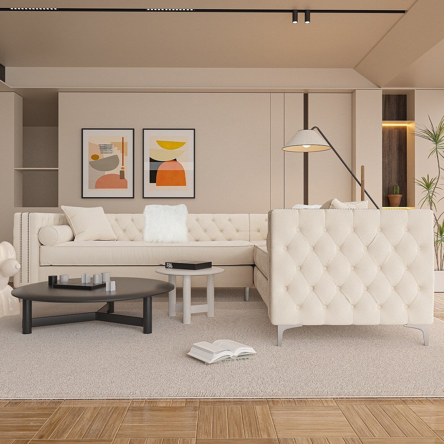 Canapé sectionnel capitonné en velours pour salon