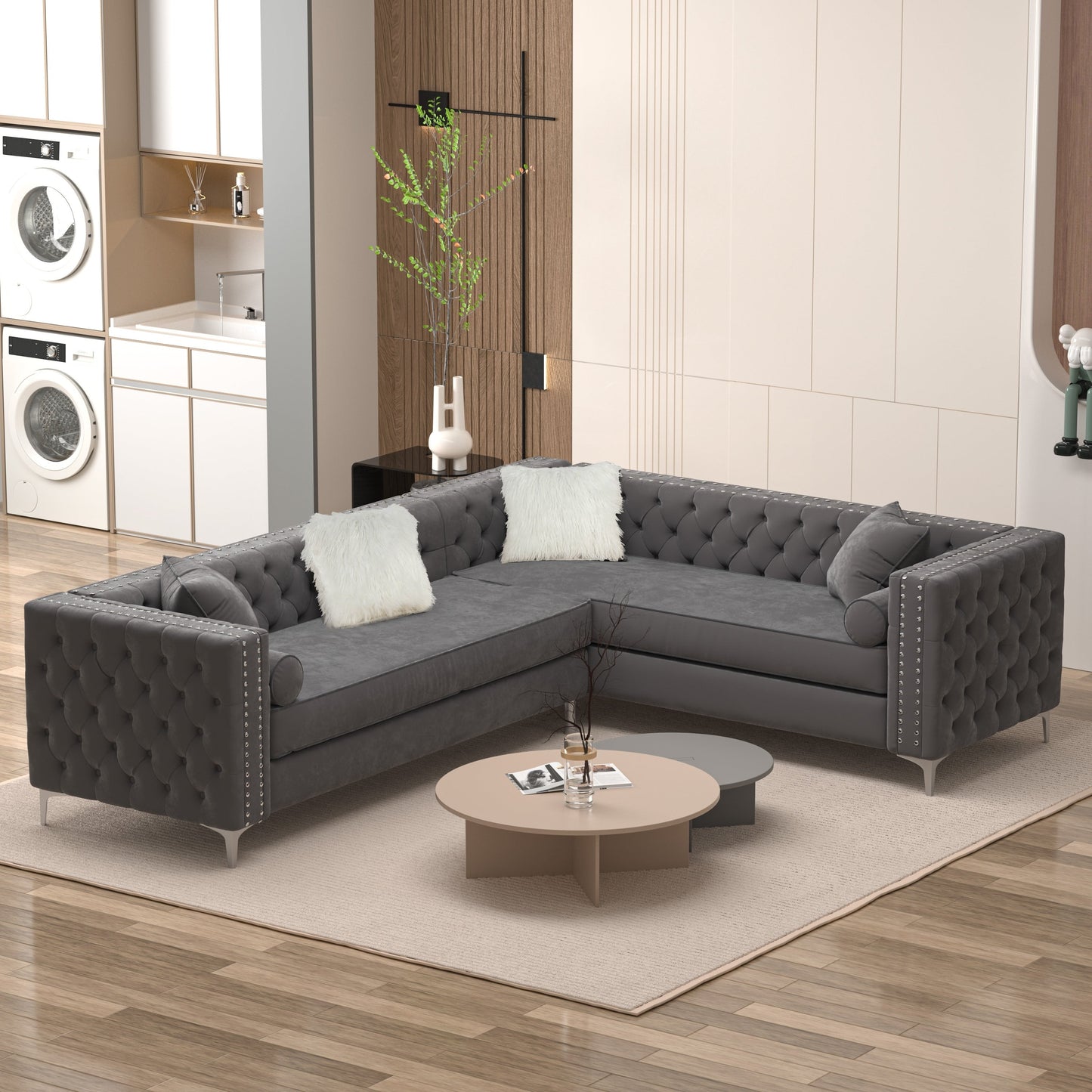 Canapé sectionnel capitonné en velours pour salon