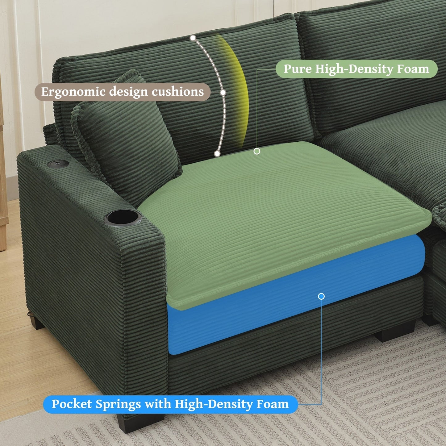 Canapé en L avec port USB et porte-gobelets